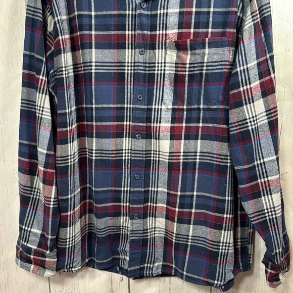 Eddie Bauer Mens Plaid Flannel Shirt Navy Burgundy Cozy Rustic Fall Outdoor - Picture 9 of 14